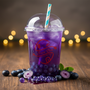 Blueberry Boba drink with berry syrup and blueberry popping pearls - Sauce Boss.