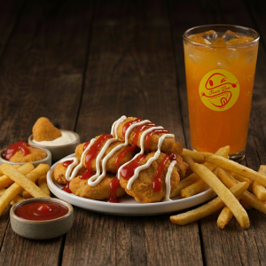 Crispy chicken nuggets meal deal with fries and drink - Sauce Boss.