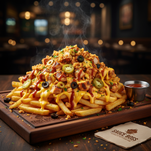Crunch Fries loaded with chicken, gooey cheese, olives, and signature sauce - Sauce Boss