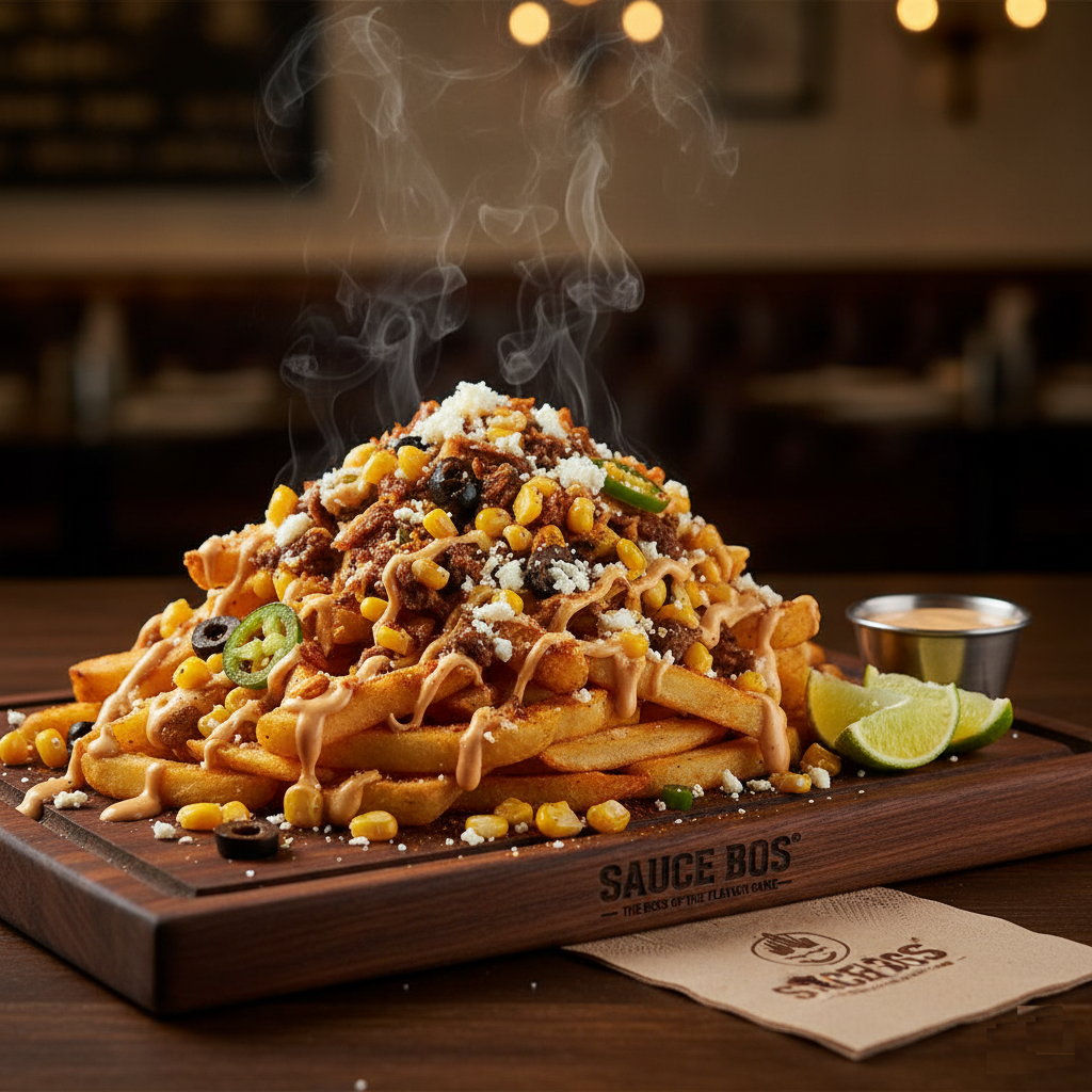 loaded fries Elote Fries with sweet corn chicken and zesty lemon - Sauce Boss.