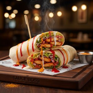 Fajita Wrap with zesty chicken fries and fresh vegetables - Sauce Boss.