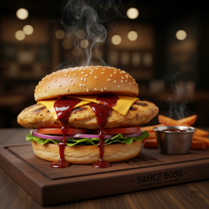 Grilled Burger with tender chicken fillet melting cheese and fresh vegetables - Sauce Boss.
