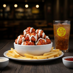 Hot Shots Meal with 9 pieces of seasoned chicken fries and a drink - Sauce Boss.