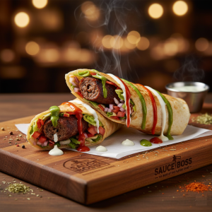 Kabab Wrap with succulent seekh kebab and fresh vegetables - Sauce Boss.