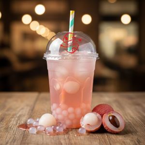 Lychee Boba drink with exotic syrup and popping boba pearls - Sauce Boss.