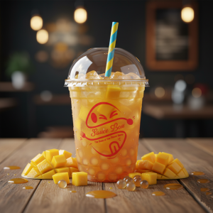 Mango Boba drink with tropical syrup and mango popping pearls - Sauce Boss.
