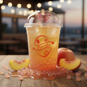 Peach Boba drink with aromatic syrup and peach popping pearls - Sauce Boss.