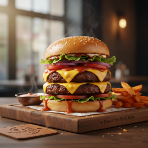 Smash Burger with two beef kebabs melting cheese and fresh vegetables - Sauce Boss.