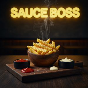 Premium crispy fries served with ketchup and mayo .