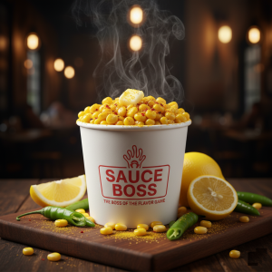 cup of masala sweet corn with melting butter - Sauce Boss.