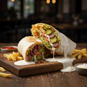 Viking Wrap with double chicken sausage fries and signature spices - Sauce Boss.