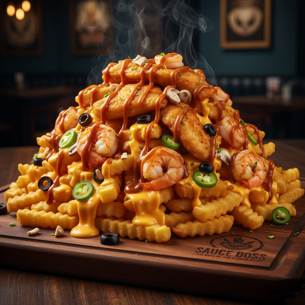 big boss fries Big Boss Fries loaded with shrimp beef fish cheese and signature sauce - Sauce Boss.