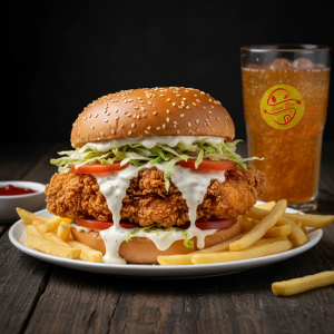Junior Crunch Meal with crispy chicken burger fries and drink - Sauce Boss.