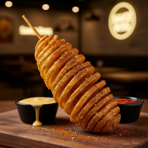 Tornado Potato spiral-cut on a skewer with savory seasoning - Sauce Boss
