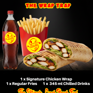 Signature chicken wrap meal deal with fries and soda - Sauce Boss.