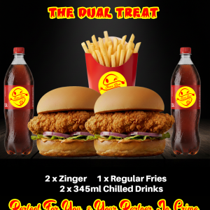 Two spicy Zinger burgers with large fries and two sodas - Sauce Boss Deal.
