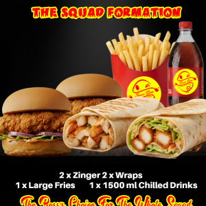 Double Zinger Duo meal with 2 burgers 2 wraps and 1.5L drink - Sauce Boss.