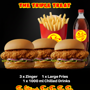 Triple Zinger Crunch burger trio with large fries and 1L drink - Sauce Boss.